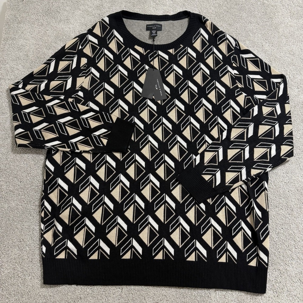 Shaquille O'Neal XLG Sweater Mens 4XLT Black Beige Geometric Crewneck Pullover